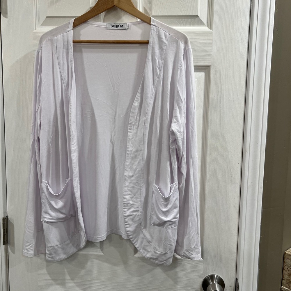 TownCat Womens White Open Front Cardigan Long Sleeve Pocket Jersey Knit Large